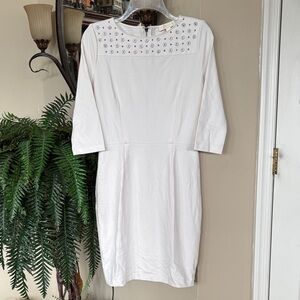 Erin Fetherson Ivory 3/4 Sleeves Silver Floral Embellished Shift Dress Back Zip